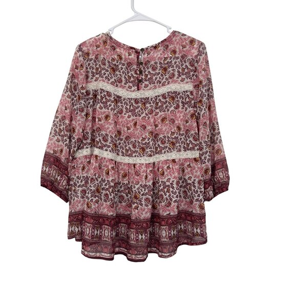 Jolt  Pink&Burgundy Bohemian Floral Long Sleeve Top Blouse SZ M Tiered Design - Picture 7 of 9